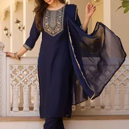 CaniBani Women Ethnic Motifs Embroidered Regular Thread Work Kurta with Trousers & With Dupatta image 5