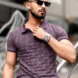 Maniac Men Self Design Polo Collar Cotton Slim Fit T-shirt-picture-28