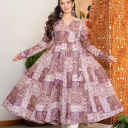 Vama Heritage Floral Printed Angrakha V-Neck Pure Cotton Anarkali Kurta With Trousers-picture-24