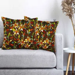 Vinayaka Fab Brown 2 Pieces Floral Embroidered Silk Square Shaped Cushion Covers-image-94