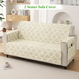 HOKIPO Cream-Coloured & White 2 Seater Printed Quilted Sofa Cover with Pockets-image-25