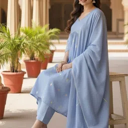 Vyom Tara Women Ethnic Motifs Printed Empire Thread Work Pure Cotton Kurta with Trousers & With Dupatta image 2