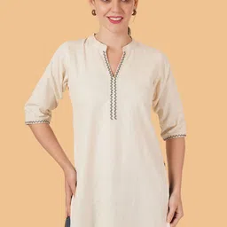 Brownverse Embroidered Khadi Cotton Mandarin Collar Straight Kurti-image-48