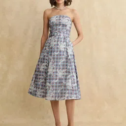 RAREISM Women Cotton Checked Strapless Bandeau Midi Dress-picture-38