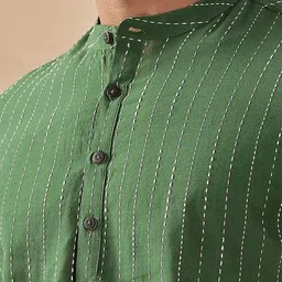 Anouk Men Striped Thread Work Mandarin Collar Cotton Dobby Kurta image 5
