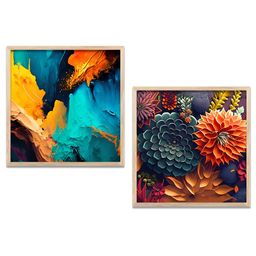 Kotart Teal Blue & Gold Toned 2 Pieces Abstract Wooden Wall Arts-picture-0