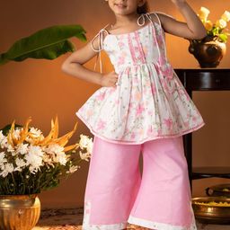 VASTRAMAY Girls Floral Printed Pleated Pure Cotton Kurta with Palazzos-picture-8