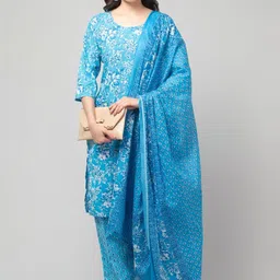 ERUDITE CLUB Women Floral Printed Regular Pure Cotton Kurta with Trousers & With Dupatta-image-48
