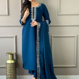 AG TEXTILE Women Ethnic Motifs Yoke Design Regular Thread Work Kurta with Trousers & With Dupatta-picture-14