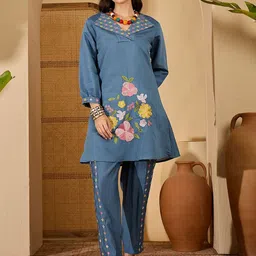 Sangria Floral Embroidered Shirt Collar Tunic & Trouser Co-Ord Set image 2