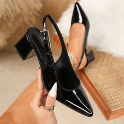 PURPLEHUNT Women PU Block Pumps with Buckles image 4