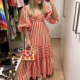 De La Moda Striped Printed Gathered Or Pleated Maternity A-Line Maxi Crepe Dress-picture-17
