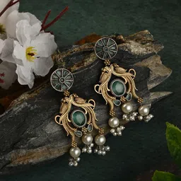 VENI Silver-Plated Artificial Stones Studded & Beaded Peacock Shaped Drop Earrings-image-49