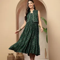 Sangria Bandhani Printed Tiered Dress With Ethnic Jacket-picture-15