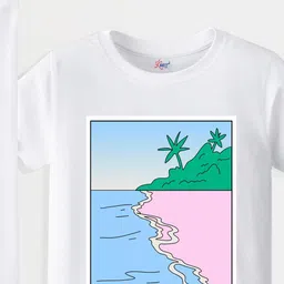 KAVEE Pure Cotton Half Sleeves Beach Theme Printed Bio Washed Tee - White image 3