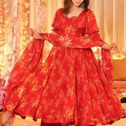 TextileNow Floral Printed Organza Anarkali Kurta With Palazzos & Dupatta image 3