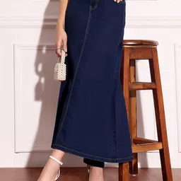 Miss Chase Women High-Rise Flared Stretchable Denim A-Line Maxi Skirt-image-19