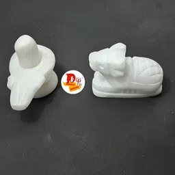 DARIDRA BHANJAN White 2 Pieces Shivling and Nandi Statue Marble Religious Idol Showpiece image 4