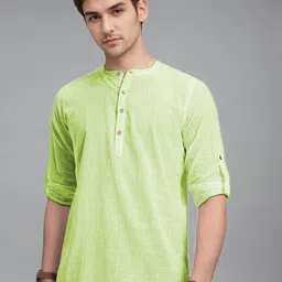 KNOWTED Mandarin Collar Roll-Up Sleeves Cotton Straight Short Kurta-picture-36
