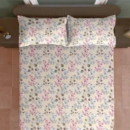 SWAYAM Beige & Blue Floral 210 TC King Bedsheet with 2 Pillow Covers image 2