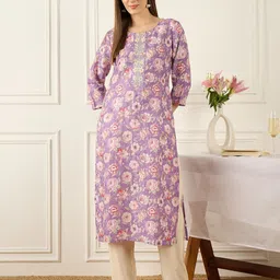 Indo Era Floral Printed Cotton Thread Work Straight Kurta-picture-17