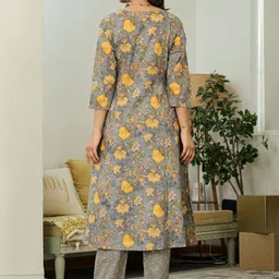 Yufta Women Floral Printed Pleated Beads and Stones Pure Cotton Kurta with Trousers & With Dupatta image 3