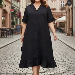 U&F Beyond Women Solid Flared Sleeve Ruffled Crepe Shirt Midi Dress-image-14