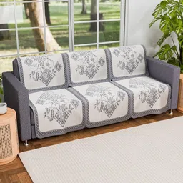 Aura Cream-Coloured & Blue Printed Cotton Sofa Cover-image-70