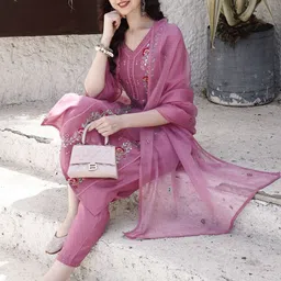 KALINI Women Floral Embroidered Regular Thread Work Chanderi Cotton Kurta with Trousers & With Dupatta image 2