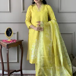 Happy Design Women Floral Self Design Pure Cotton Kurta with Trouser & Dupatta image 4