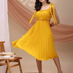 YANAMORA Women Solid Gathered or Pleated Shoulder Straps Fit & Flare Midi Dress-image-21