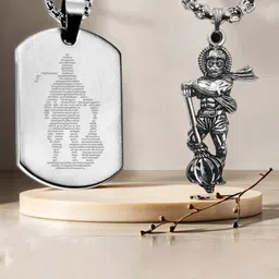Uniqon Set Of 2 Micro-Carved Standing Hanuman Chalisa Gada Plate Pendants with Chains-image-35