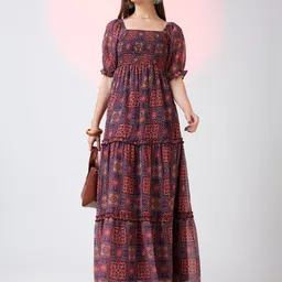 Globus Square Neck Puff Sleeves Ethnic Print Smocked Tiered Fit & Flare Maxi Dress-image-7