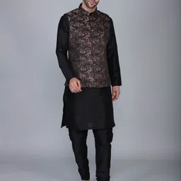 Ethluxis Mandarin Collar Jacquard Weave  Straight Kurta with Pyjama & Nehru Jacket image 1