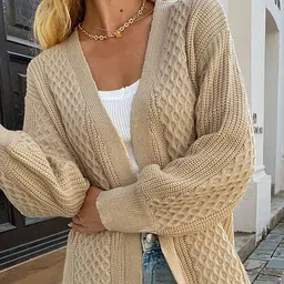 LULU & SKY Self Design Shawl Neck Open Front Acrylic Longline Shrug image 4