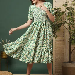 PTVIZE Women Floral Printed Smocked Fit & Flare Midi Dress-picture-21