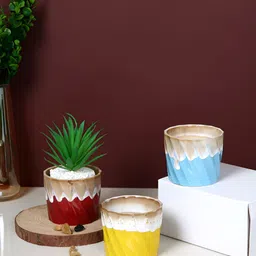 TAYHAA Yellow & Blue 3 Pieces Frosted Swirl Printed Ceramic Planters-picture-42