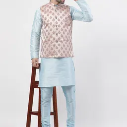 TS LIFESTYLE Mandarin Collar Straight Jacquard Kurta With Churidar & Jacket image 4