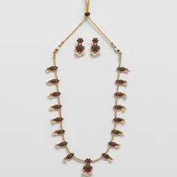 PANASH Gold-Plated Kundan Studded & Artificial Beaded Necklace With Earrings image 2
