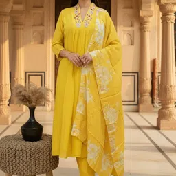 FIDHARA Embroidered Pleated Thread Work Pure Silk A-Line Kurta With Trousers & Dupatta image 3