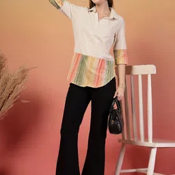 Vastraa Fusion Vertical Stripes Shirt Collar Short Sleeves Cotton Top image 2