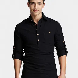 Yugnik Mandarin Collar Roll-Up Sleeves Straight Short Kurta image 1