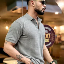 Maniac Men Self Design Polo Collar Cotton Slim Fit T-shirt image 4