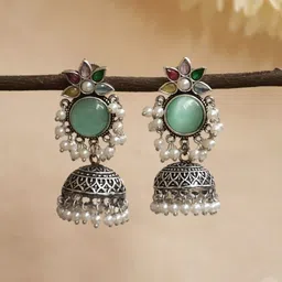 NAMAN ARTS Silver-Plated Artificial Stones Studded & Beaded Oxidised Dome Shaped Jhumkas-picture-48