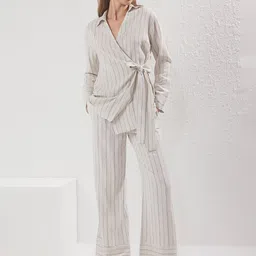 Trendyol Striped Shirt Collar Top With Trousers Co-Ords-picture-10