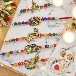 MEIRA JEWELLERY Set Of 5 Stone-Studded & Beaded Rakhi With Greeting Card Gift Set-picture-23
