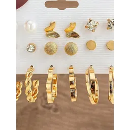 GOLDIWALA Set Of 9 Gold Plated Artificial Stones Studded & Beaded Half Hoop Earrings image 2