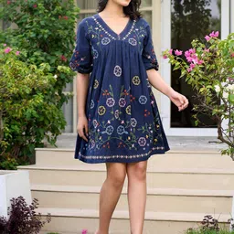 ZUMMER Women Floral Embroidered Puff Sleeve Empire Cotton Dress-image-2