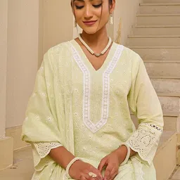 Indo Era Women Ethnic Motifs Embroidered Regular Pure Cotton Kurta with Trousers & Dupatta image 5