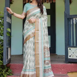 SGF11 Women Floral Printed Pure Linen Handloom Saree image 2